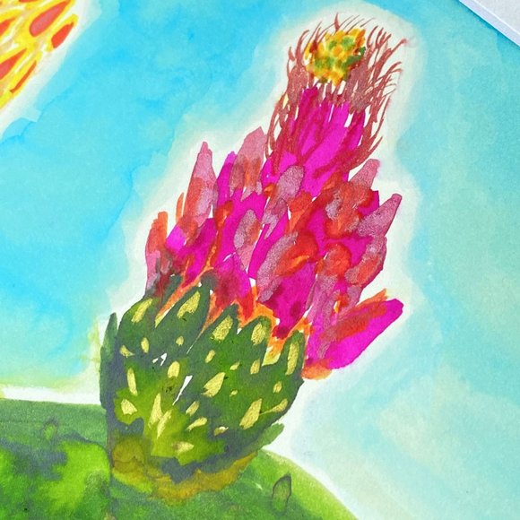 Fruition Original Handmade Watercolor Cactus Flower Painting 11x14in White Mat - Picture 4 of 7